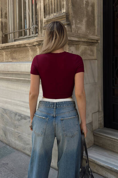 Bordo Ulya Bisiklet Yaka Kısa Kol Kadın Crop T-shirt - 5