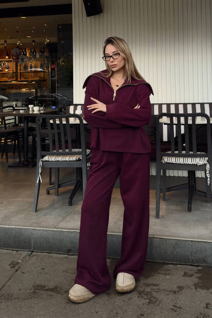 Bordo Yarım Fermuar Sweat Pantolon Kadın Alt Üst Takım - 2