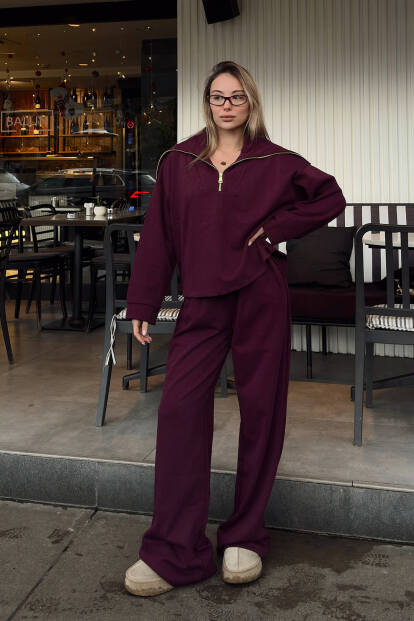 Bordo Yarım Fermuar Sweat Pantolon Kadın Alt Üst Takım - 3