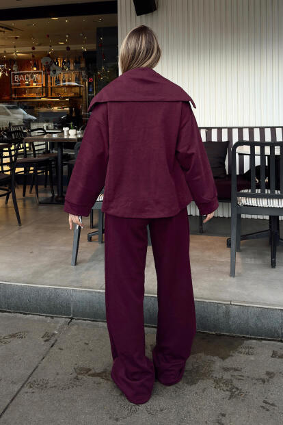 Bordo Yarım Fermuar Sweat Pantolon Kadın Alt Üst Takım - 5