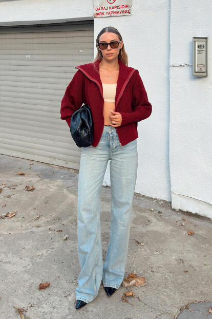 Bordo Yulia Fermuarlı Yaka Kadın Triko Crop Hırka - 3