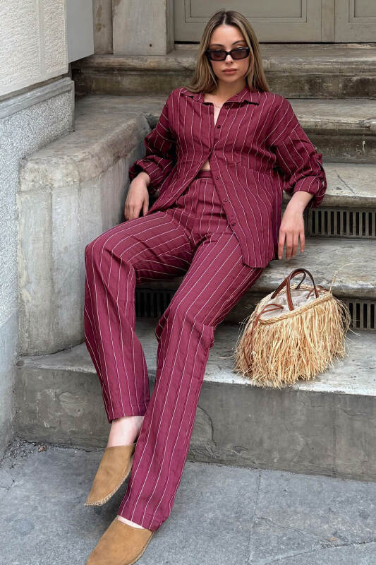 Bordo Zeya Çizgili Gömlek-Pantolon Modal Kadın Alt Üst Takım - SWİST