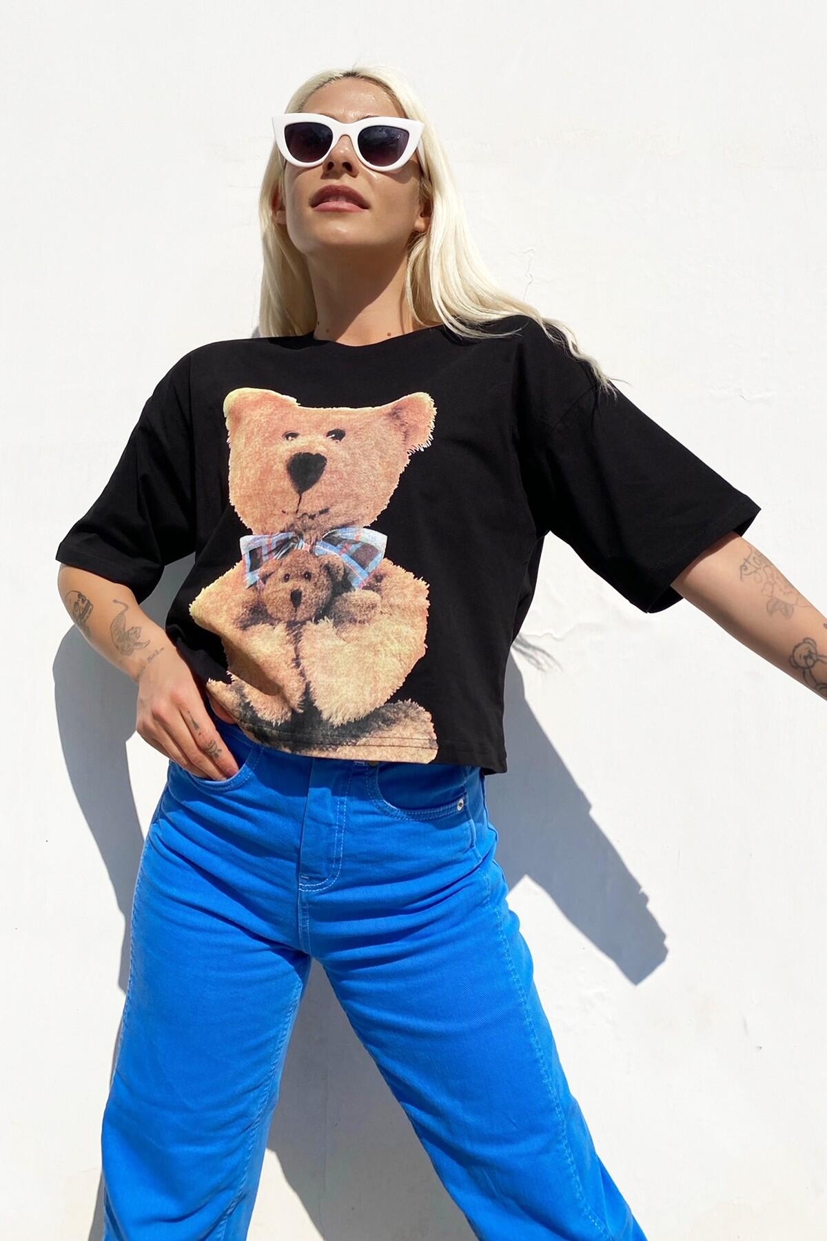 Bear Baskılı Bisiklet Yaka Tshirt - 3