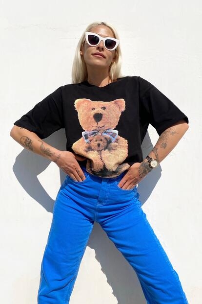 Bear Baskılı Bisiklet Yaka Tshirt - 4