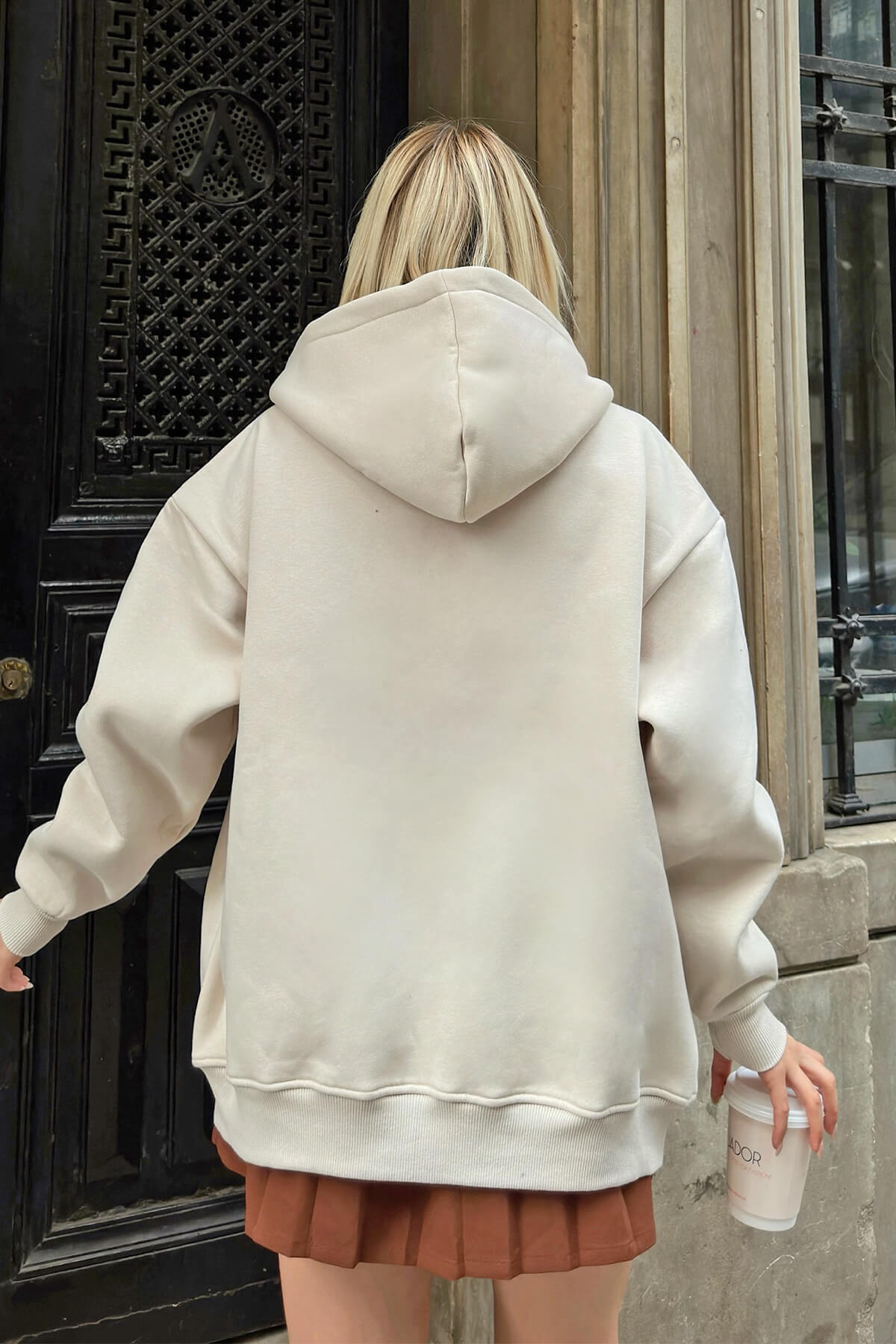 Bej Lena Fermuarlı Kapüşonlu Cepli İçi Polarlı Oversize Kadın Sweatshirt - 5