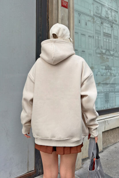 Bej Stay Kapüşonlu Kanguru Cepli İçi Polarlı Oversize Kadın Sweatshirt - 5