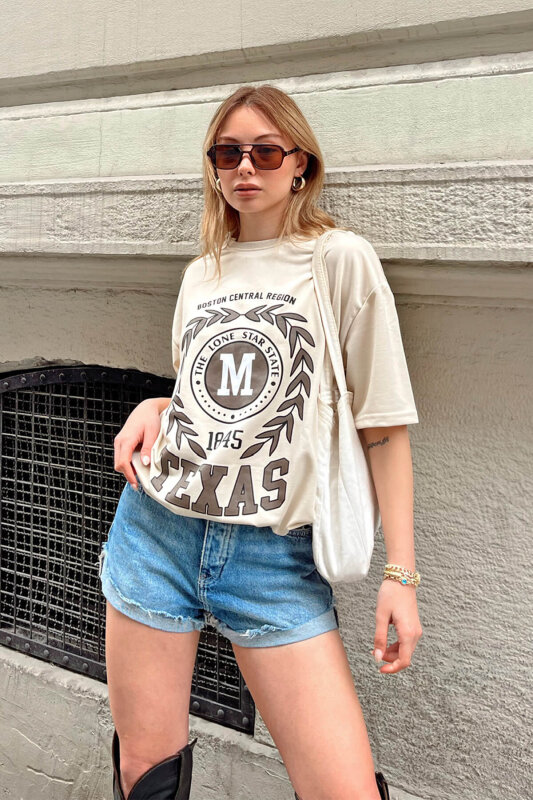 Bej Texas Baskılı Oversize Kadın Tshirt - SWİST (2)