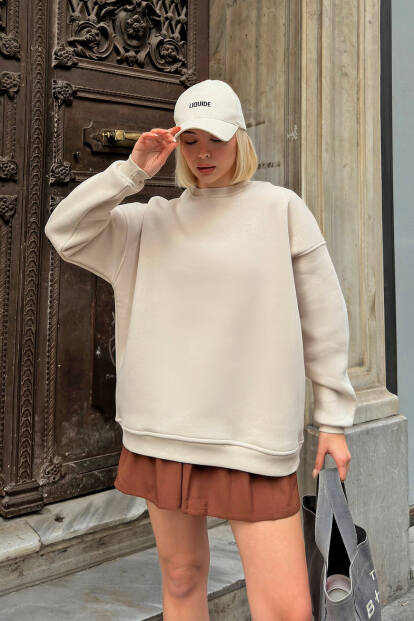 Bej Walk Bisiklet Yaka İçi Polarlı Basic Oversize Kadın Sweatshirt - 3