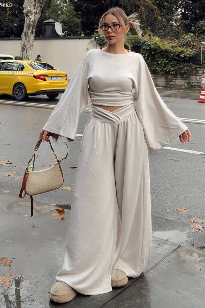 Bej Yarasa Kol Crop Bel Detay Bol Paça Pantolon Kadın Alt Üst Takım 