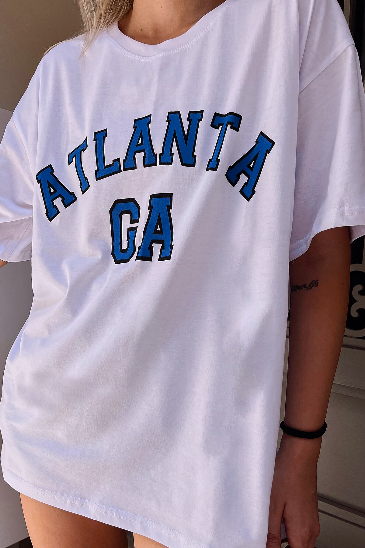 Beyaz Atlanta Baskılı Oversize Kadın Tshirt - 2