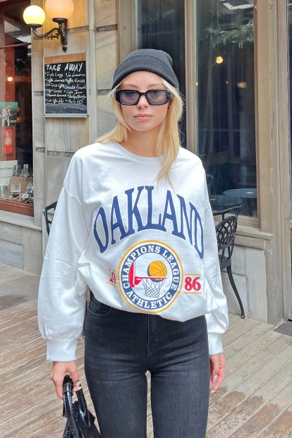 Beyaz Basket Baskılı Oversize Kadın Sweatshirt - 2