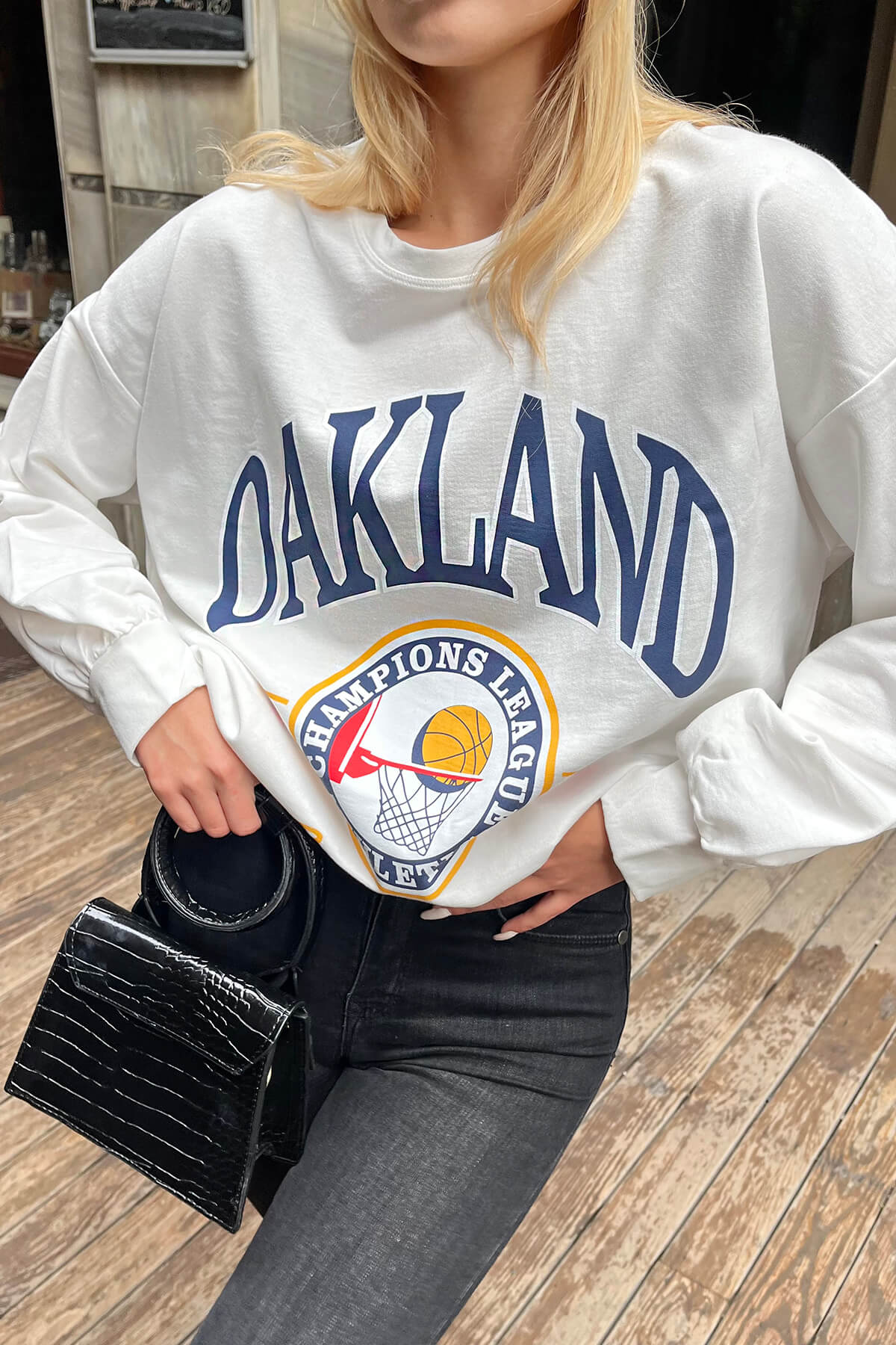 Beyaz Basket Baskılı Oversize Kadın Sweatshirt - 3