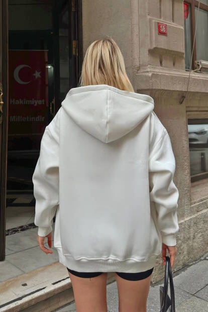 Beyaz Lena Fermuarlı Kapüşonlu Cepli İçi Polarlı Oversize Kadın Sweatshirt - 5