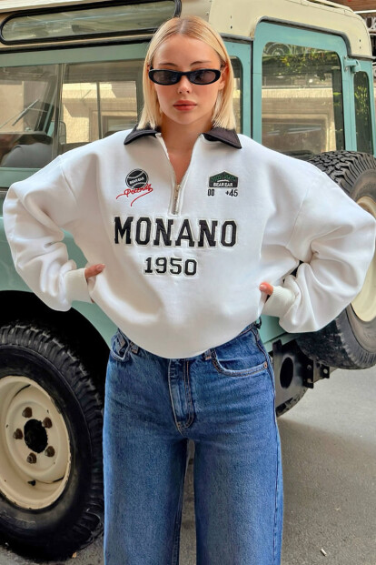 Beyaz Monano Polo Yaka Nakışlı İçi Pamuklu Kadın Sweatshirt - 1