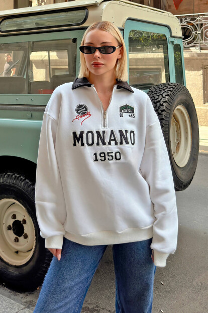 Beyaz Monano Polo Yaka Nakışlı İçi Pamuklu Kadın Sweatshirt - 3