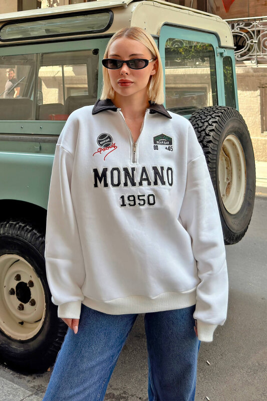 Beyaz Monano Polo Yaka Nakışlı İçi Pamuklu Kadın Sweatshirt - SWİST (2)