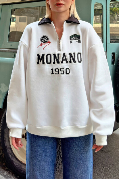 Beyaz Monano Polo Yaka Nakışlı İçi Pamuklu Kadın Sweatshirt - 4