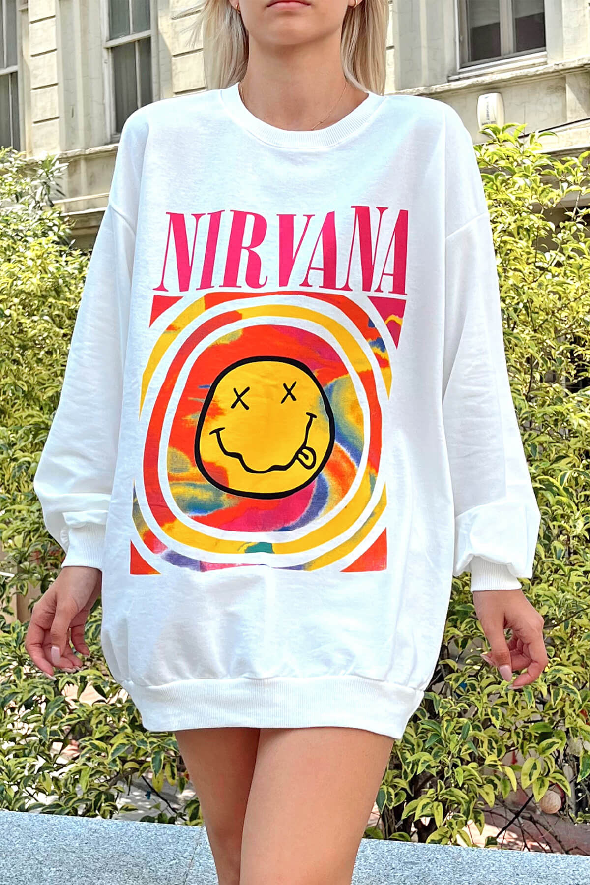 Beyaz Nirvana Baskılı Bisiklet Yaka Kadın Sweatshirt - 3