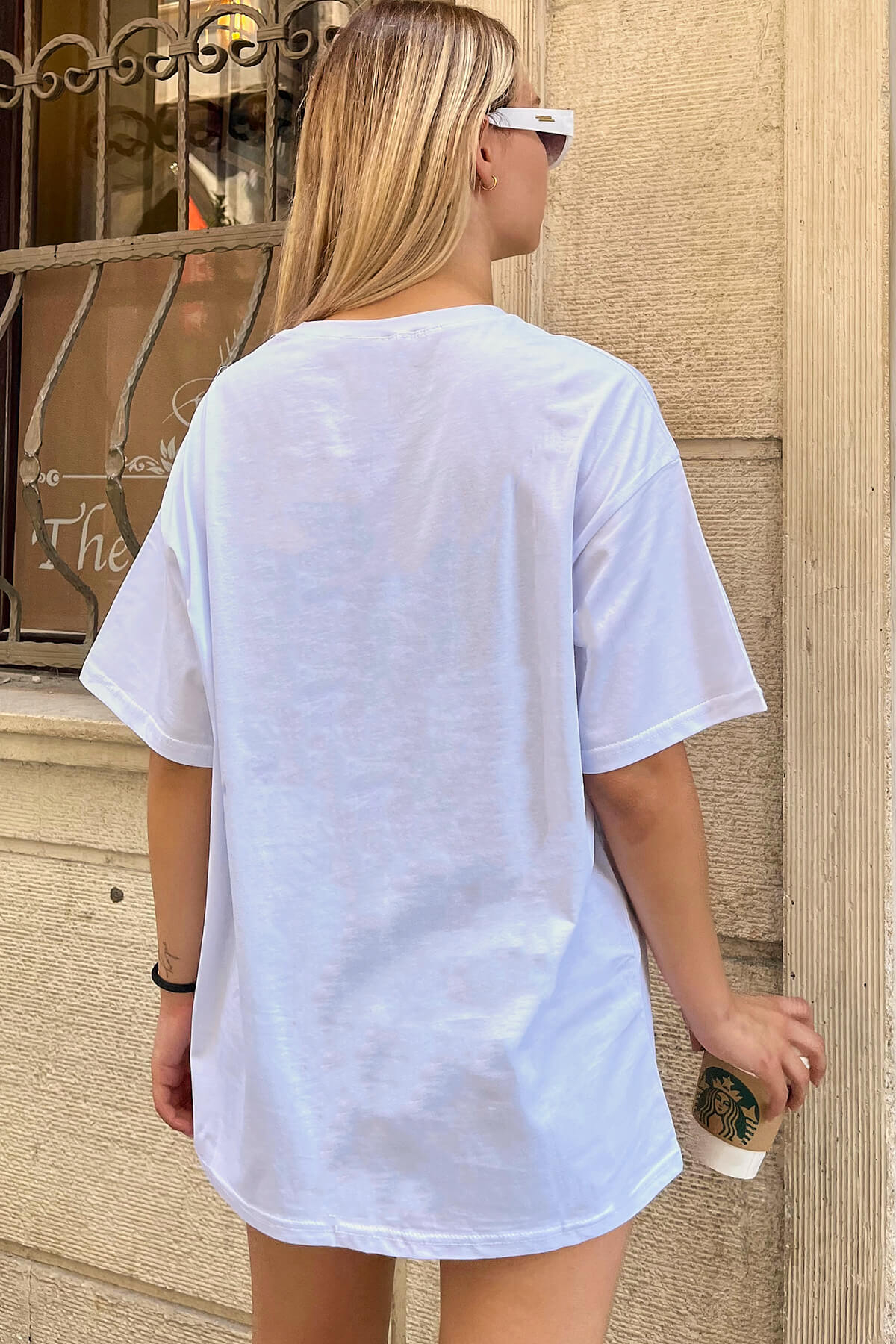 Beyaz Sun And Moon Baskılı Oversize Kadın Tshirt - 3