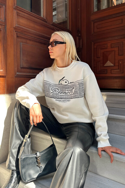 Beyaz Tennis Baskılı İçi Pamuklu Kadın Sweatshirt - 3