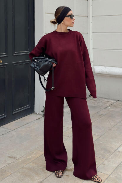 Bordo Bisiklet Yaka Oversize Kazak-Pantolon Örgü Kadın Alt-Üst Takım 