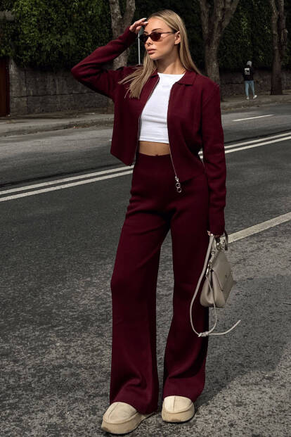 Bordo Cara Polo Yaka Çift Yönlü Fermuarlı Crop-Pantolon Kadın Triko Alt Üst Takım 