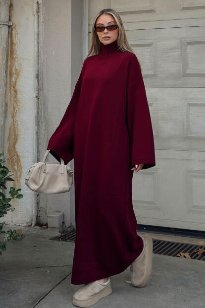 Bordo Daly Yarım Balıkçı Oversize Kadın Triko Midi Elbise 