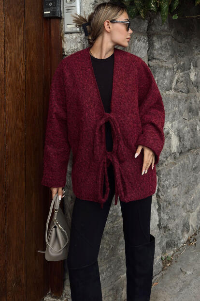 Bordo Oversize Bağlama Detaylı Kadın Yün Kaşe Ceket 