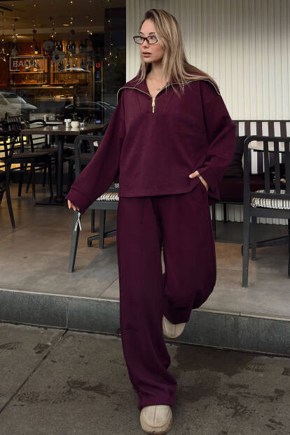 Bordo Yarım Fermuar Sweat Pantolon Kadın Alt Üst Takım 