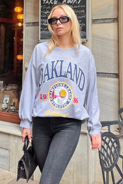 Gri Basket Baskılı Oversize Kadın Sweatshirt - 2