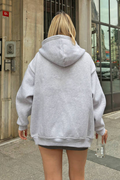 Gri Lena Fermuarlı Kapüşonlu Cepli İçi Polarlı Oversize Kadın Sweatshirt - 5