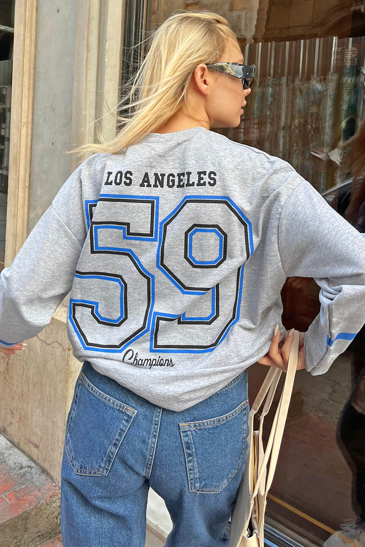 Gri Los 59 Ön-Arka Baskılı Oversize Kadın Sweatshirt - 1