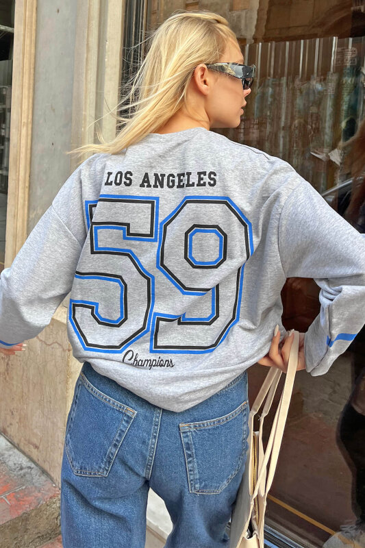 Gri Los 59 Ön-Arka Baskılı Oversize Kadın Sweatshirt - SWİST