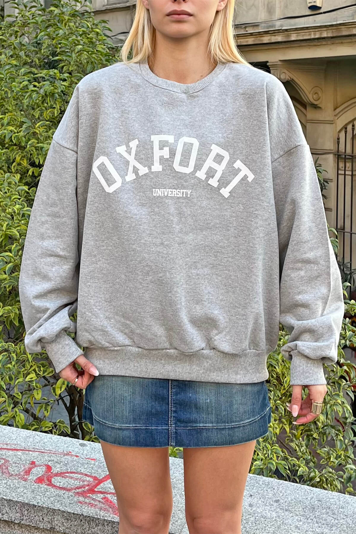 Gri Oxfrt Baskılı İçi Pamuklu Kadın Sweatshirt - 4