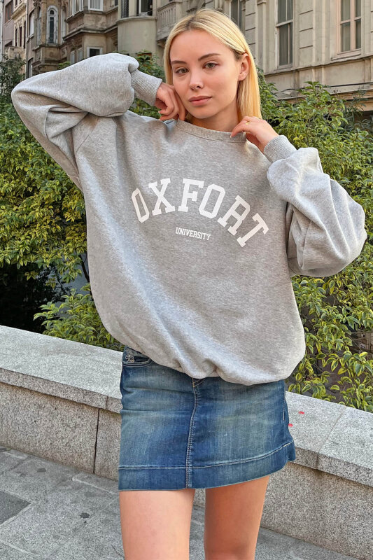 Gri Oxfrt Baskılı İçi Pamuklu Kadın Sweatshirt - SWİST