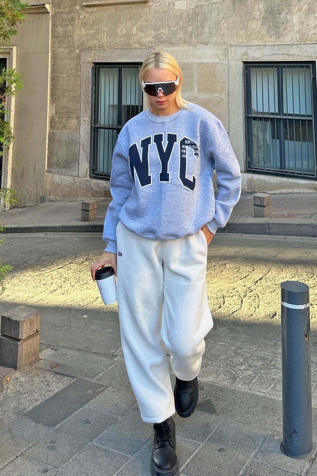 Gri Season Nyc Baskılı İçi Pamuklu Kadın Sweatshirt - 2