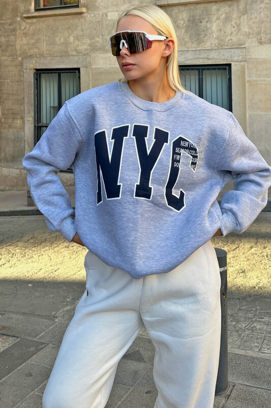 Gri Season Nyc Baskılı İçi Pamuklu Kadın Sweatshirt - SWİST