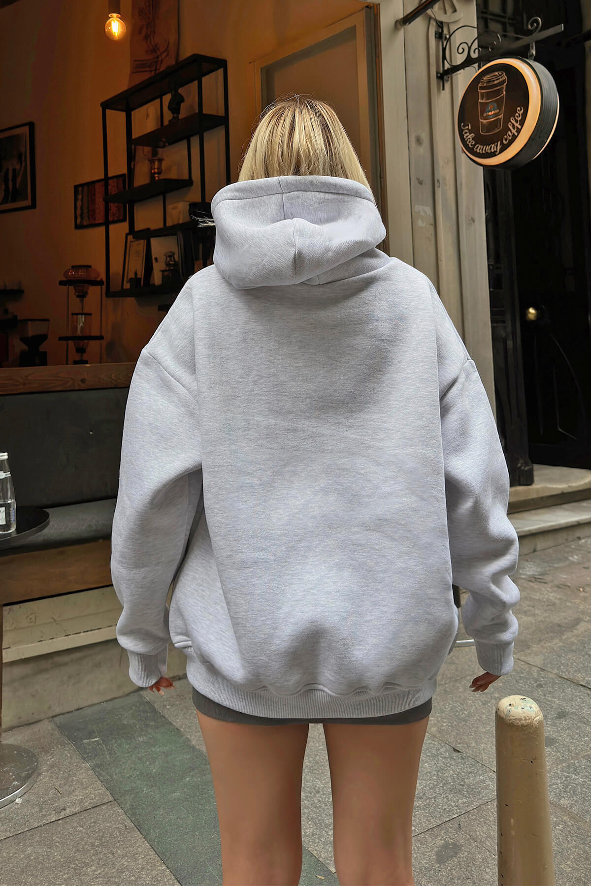 Gri Stay Kapüşonlu Kanguru Cepli İçi Polarlı Oversize Kadın Sweatshirt - 5