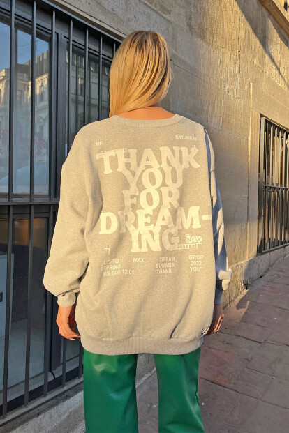 Gri Thank You Baskılı İçi Pamuklu Kadın Sweatshirt - 3