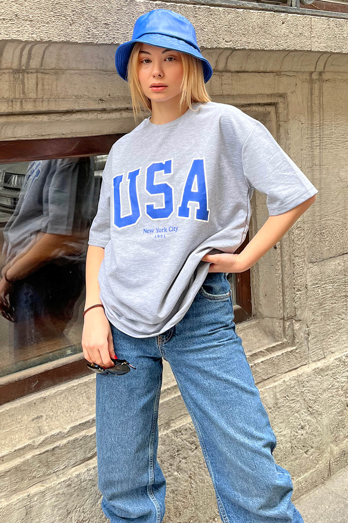 Gri USA Baskılı Oversize Kadın Tshirt - 1