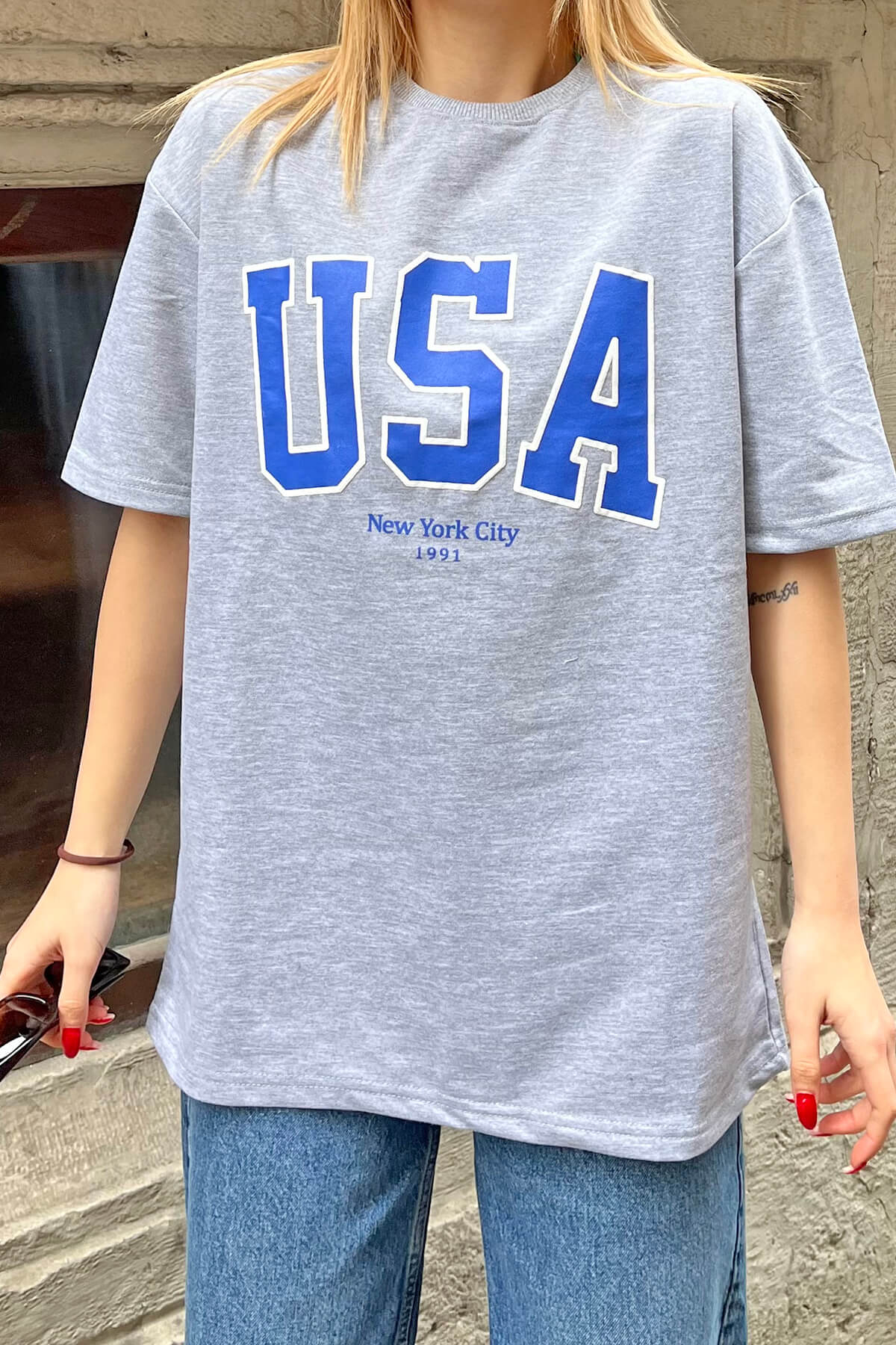 Gri USA Baskılı Oversize Kadın Tshirt - 3