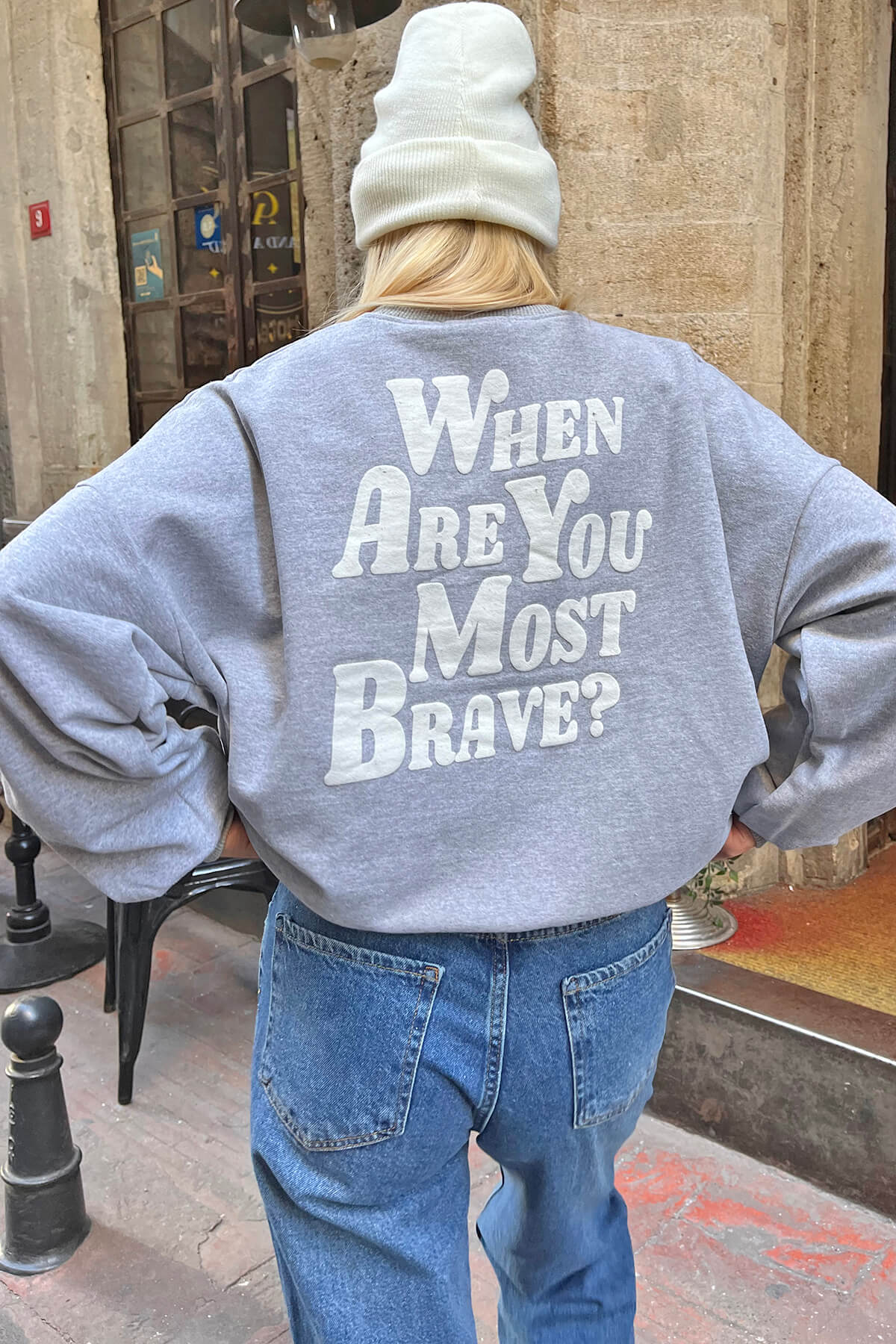 Gri When Are You Ön Arka Baskılı İçi Pamuklu Kadın Sweatshirt - 1