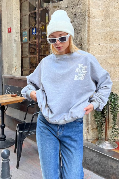 Gri When Are You Ön Arka Baskılı İçi Pamuklu Kadın Sweatshirt - 2