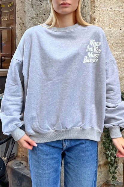 Gri When Are You Ön Arka Baskılı İçi Pamuklu Kadın Sweatshirt - 5