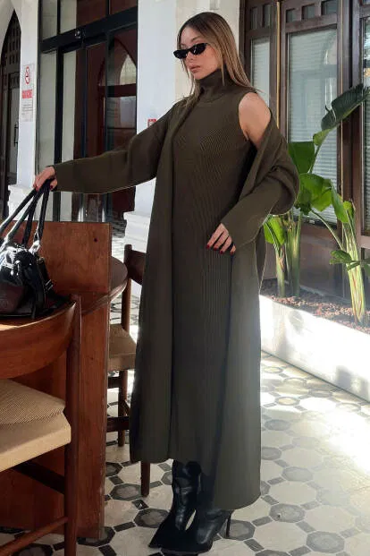 Haki Balıkçı Yaka Sıfır Kol Midi Elbise-Hırka Kadın Triko Takım 