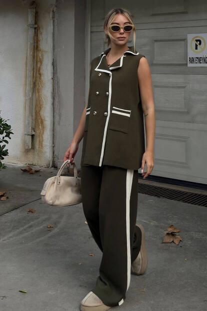 Haki Kruvaze Şerit Detaylı Yelek-Pantolon Kadın Triko Alt Üst Takım 