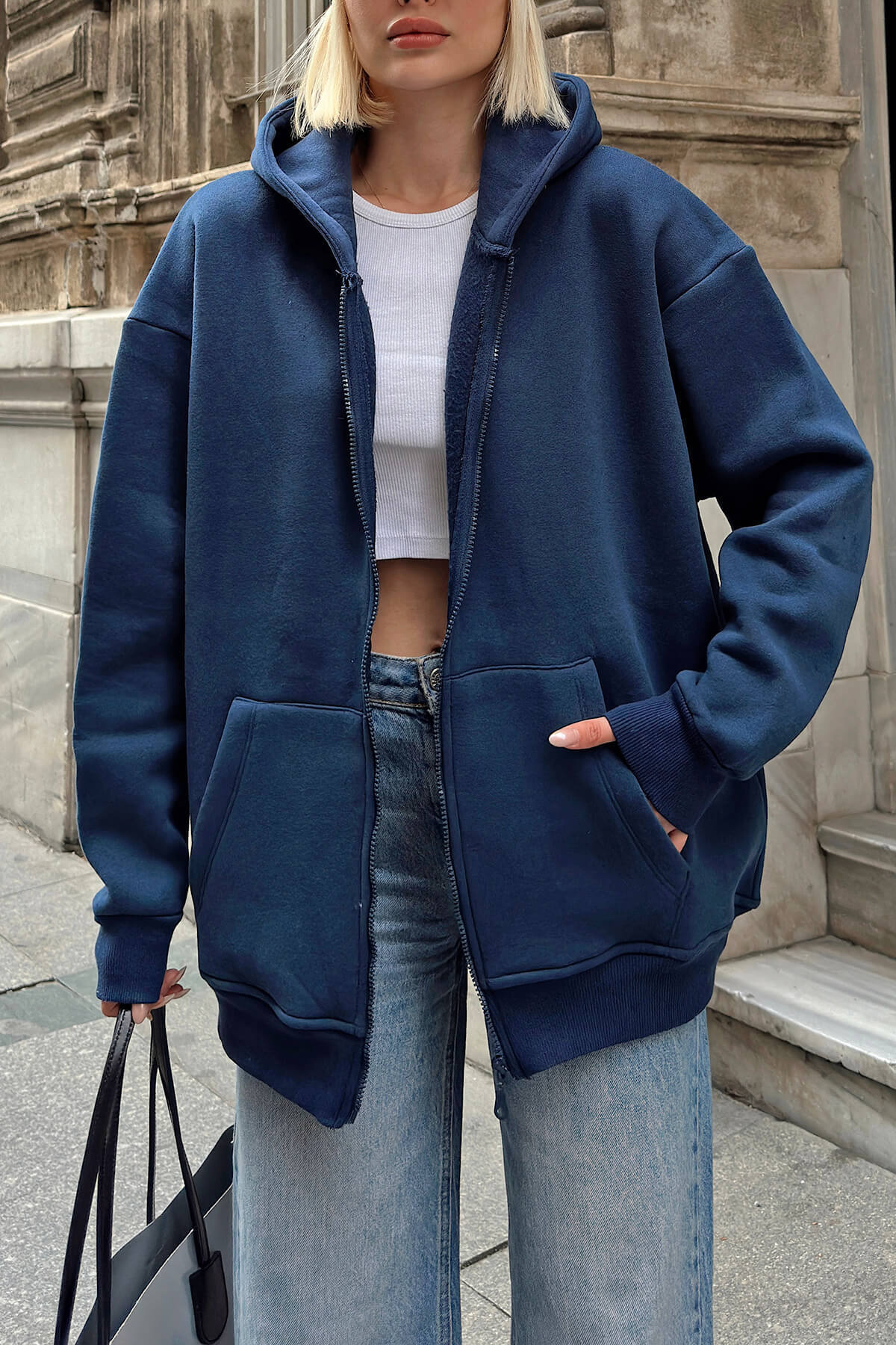 İndigo Lena Fermuarlı Kapüşonlu Cepli İçi Polarlı Oversize Kadın Sweatshirt - 4