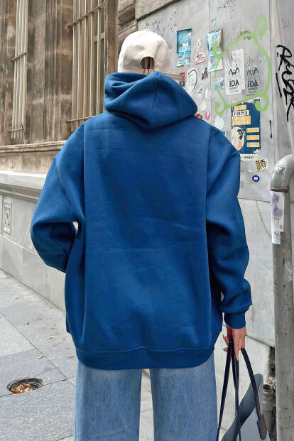 İndigo Stay Kapüşonlu Kanguru Cepli İçi Polarlı Oversize Kadın Sweatshirt - 5