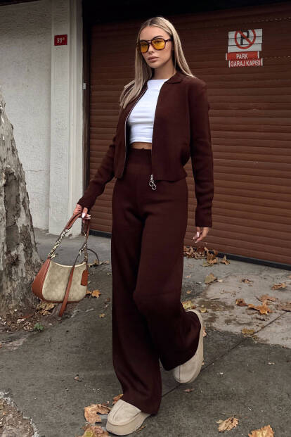 Kahverengi Cara Polo Yaka Çift Yönlü Fermuarlı Crop-Pantolon Kadın Triko Alt Üst Takım 