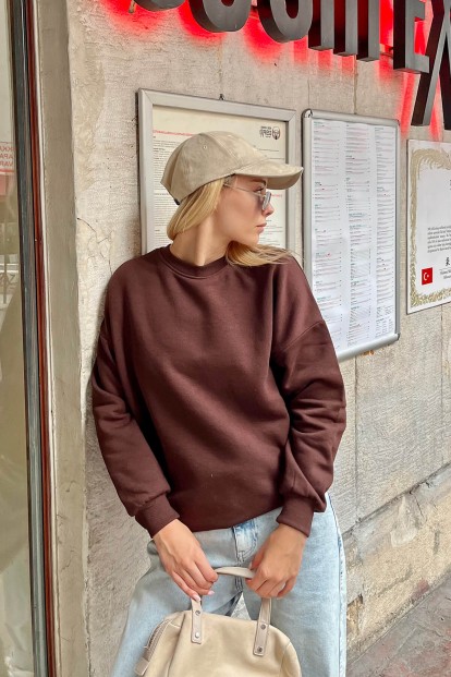 Kahverengi İçi Pamuklu Kadın Basic Sweatshirt - 3